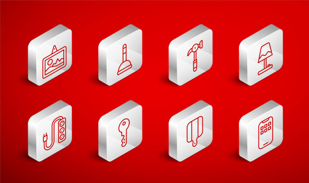 设置线移动应用程序，橡胶柱塞，锤子，台灯，砧板，图片，房子钥匙和电气扩展图标。向量图片下载