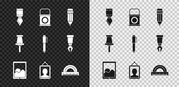 集调色板刀，油漆桶，铅笔与橡皮擦，图形平板电脑，图片，量角器，推销和图标。向量图片下载