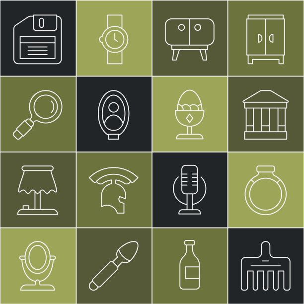 产品系列:梳子，金戒指，博物馆建筑，电视桌架，肖像图片馆，放大镜，软盘，鸡蛋图标。向量图片下载