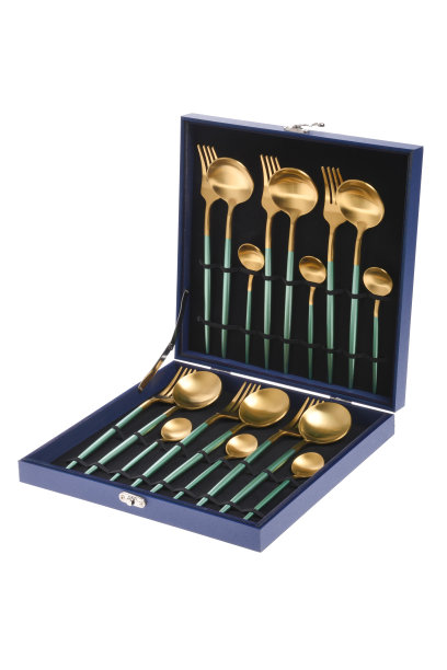 18件青色不锈钢餐具礼品套装图片下载