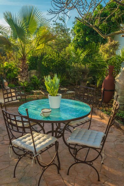 有桌椅的家庭花园。图片下载