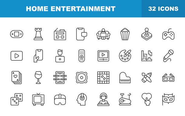 家庭娱乐线图标。可编辑的中风。包含这样的图标，游戏机，国际象棋，广播，在线视频，流媒体，约会，桌足球，卡，酒，派对，拼图，骰子，电视。图片下载