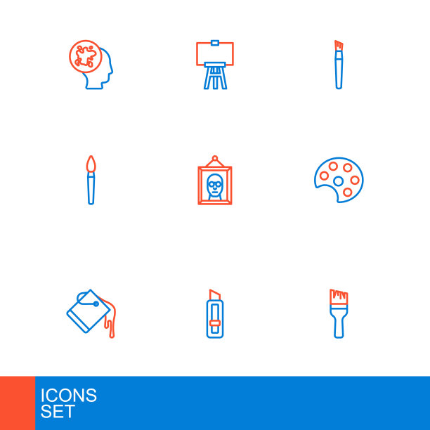 设置线油漆刷，文具刀，桶，调色板，图片，和木画架图标。向量图片下载