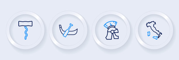 集线地图意大利，罗马军队头盔，贡多拉船和葡萄酒开瓶器图标。向量图片下载