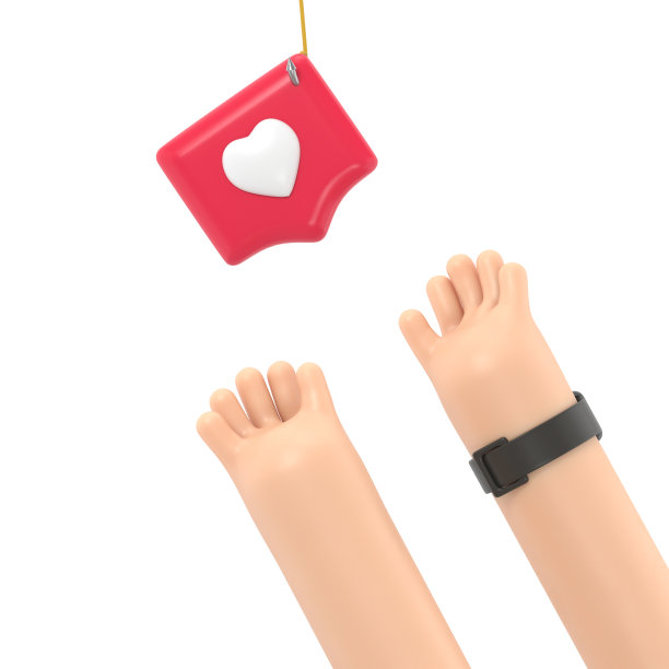 卡通手势图标模型。手伸向钩上有心形图案的别针。社会隐喻，揭示了观念的操纵和贪婪。白色背景的3D渲染。图片下载