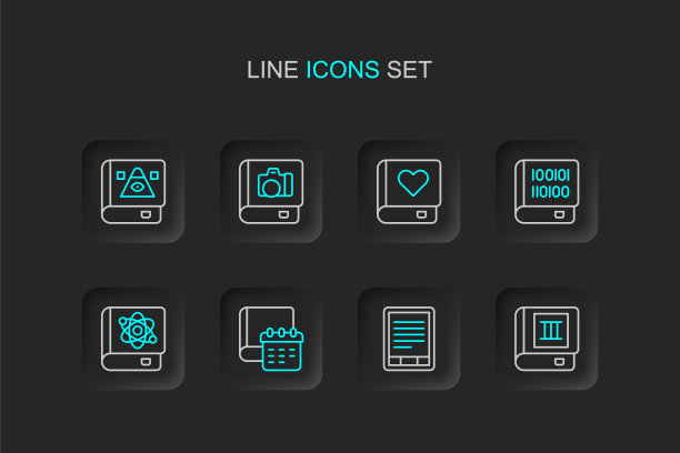 集线书，电子书阅读器，日报记事本，关于物理，书籍编程，浪漫书，相册画廊和古代魔术图标。向量图片下载