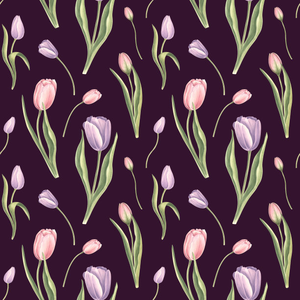 无缝图案从紫色的粉红色郁金香与叶片在黑暗的背景。手绘水彩插画花园春暖花开。模板织物，墙纸，剪贴簿，包装，纺织品。图片下载