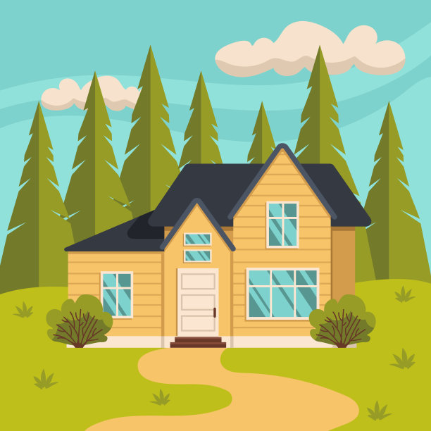 森林中的住宅。背景是天空和树木。夏季或春季。向量图形。图片下载