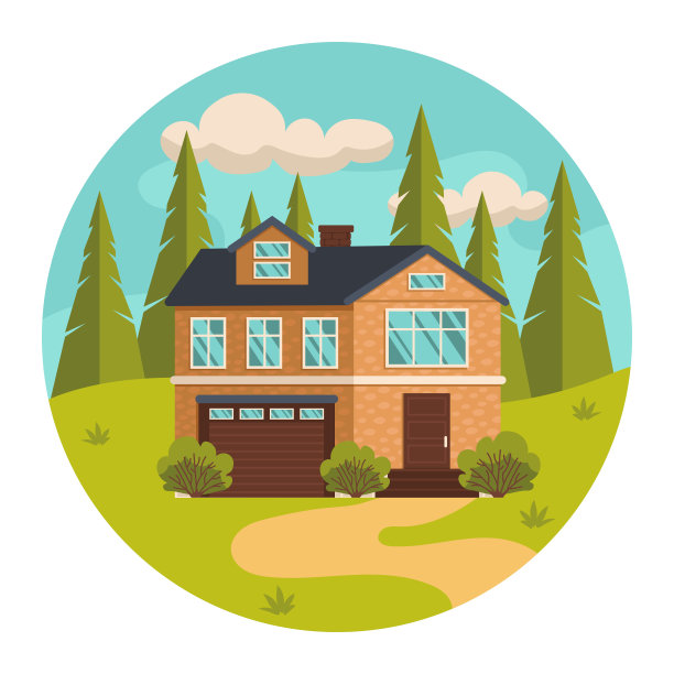 森林中的住宅。背景是天空和树木。夏季或春季。向量图形。图片下载