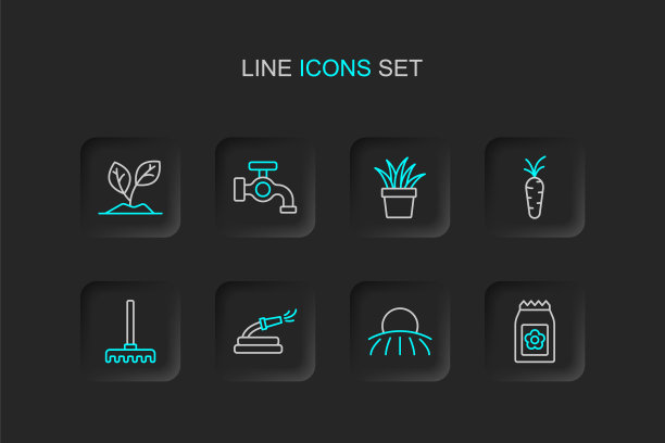 设置线包充满种子，日出，花园软管，耙，胡萝卜，植物在锅，水龙头和发芽图标。向量图片下载