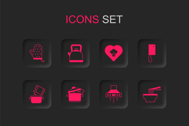 设置烹饪锅，水壶与手柄，烤箱手套，厨房萃取风扇，肉斩，亚洲面条碗，厨师帽和香料图标。向量图片下载