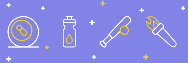 设置线火炬火焰，棒球棒与球，健身摇床和台球池斯诺克图标。向量图片下载