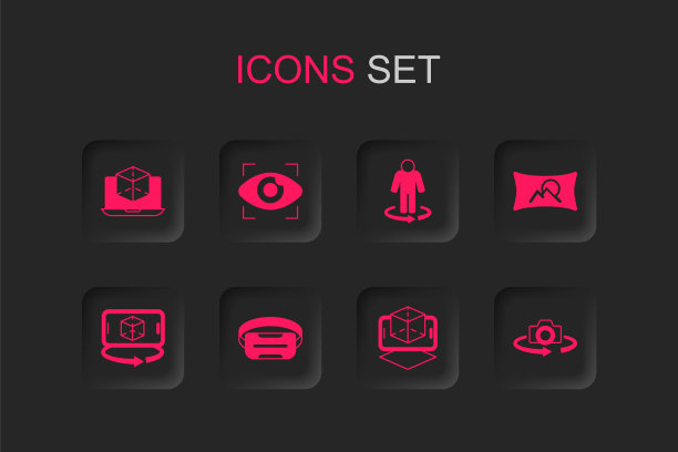 集虚拟现实眼镜、老大哥电子眼、3d建模、广角画面、360度视图、图标。向量图片下载