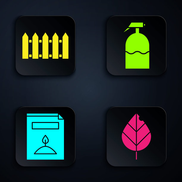 集叶，花园围栏木制，一个包的种子，一种特定的植物和花园喷雾器。黑色方形按钮。向量图片下载