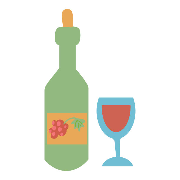 绿色瓶装葡萄酒和玻璃平面矢量图标隔离在白色上，有机新鲜健康食品成分，装饰标志浆果为设计图案，健康绿色市场，欧洲餐厅菜单图片下载