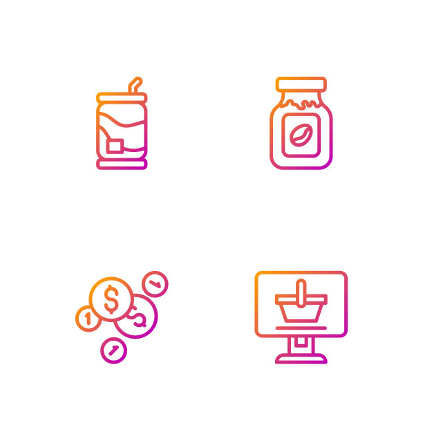 在电脑上设置线上购物车，用美元投币，汽水罐和咖啡瓶。渐变颜色图标。向量图片下载
