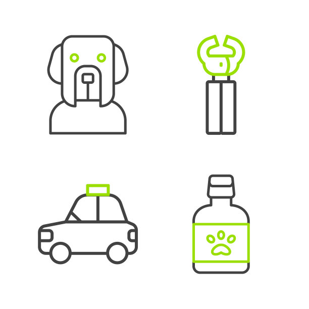 设狗药瓶、宠物车出租、指甲钳、图标。向量图片下载