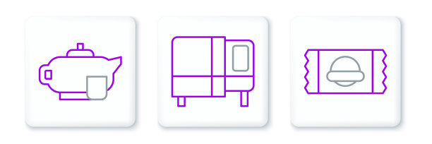 设定线运动营养，茶壶与杯子和床的图标。向量图片下载