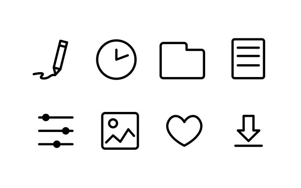 线性按钮图标。编辑，时间，文件夹，文件，滑块，照片，下载按钮。矢量图标图片下载
