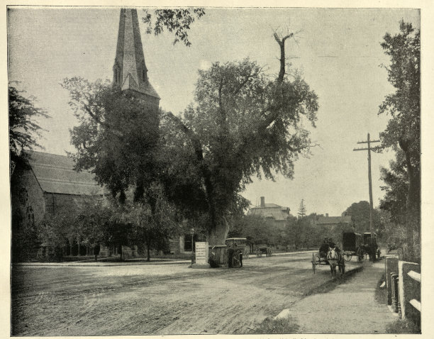 华盛顿榆树和纪念石，剑桥，马萨诸塞州，美国，维多利亚时代的复古照片，19世纪90年代的19世纪历史图片下载