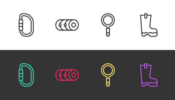 在黑白两色上设置线扣、毛毯辊、放大镜和防水胶靴。向量图片下载