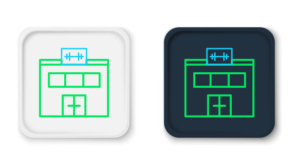 线健身房建筑图标孤立的白色背景。体育俱乐部。色彩缤纷的轮廓概念。向量图片下载