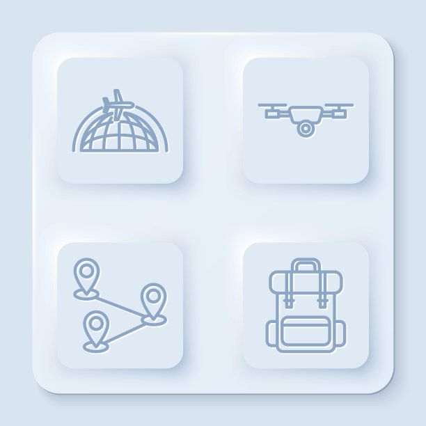 套装线地球仪与飞行飞机，无人机飞行与行动摄像机，路线定位和徒步背包。白色方形按钮。向量图片下载