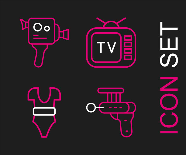 设置线射线枪，泳装，复古电视和电影相机图标。向量图片下载
