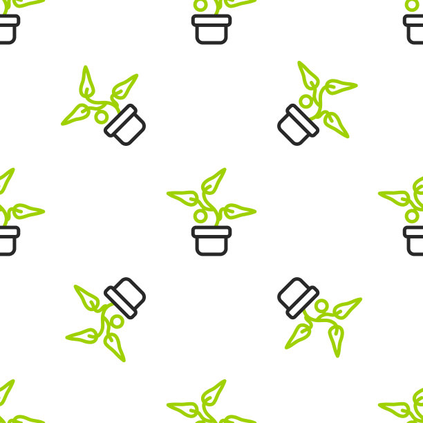 线植物在锅图标隔离无缝图案白色背景。盆栽植物。盆栽植物标志。向量图片下载