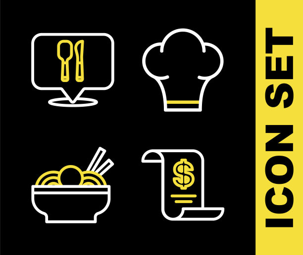 设置线厨师帽，纸或财务检查，亚洲面条碗和咖啡馆和餐厅的位置图标。向量图片下载
