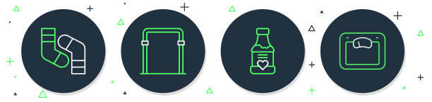 设置线运动单杠，维生素，袜子和浴室尺度图标。向量图片下载