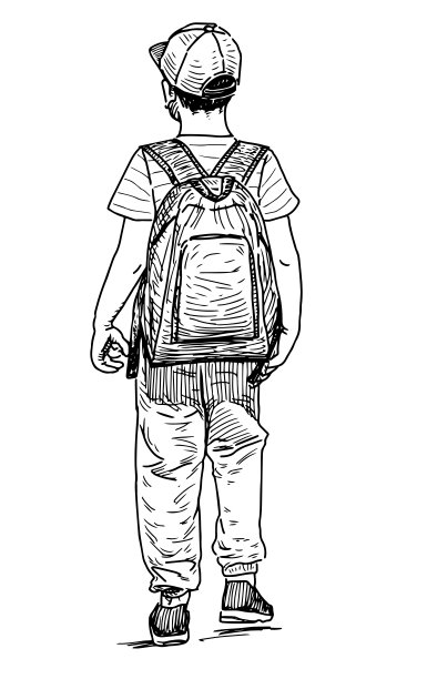 草图一个休闲的小男孩戴着帽子，背着背包在户外散步在夏天的一天，黑白矢量手绘孤立的白色图片下载