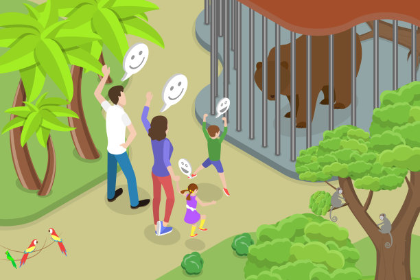 参观动物园的三维等距平面矢量概念插图图片下载