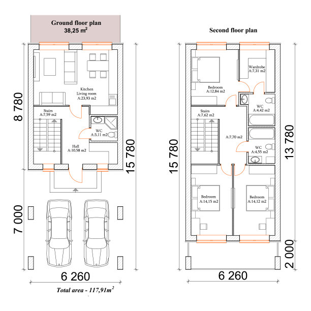 详细的建筑两层联排别墅蓝图和图纸。矢量图图片下载