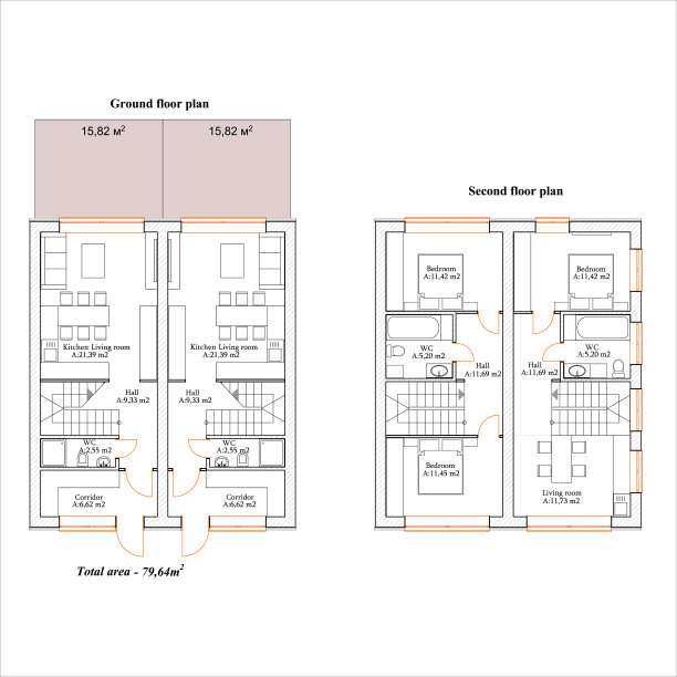 详细的建筑两层联排别墅蓝图和图纸。矢量图图片下载