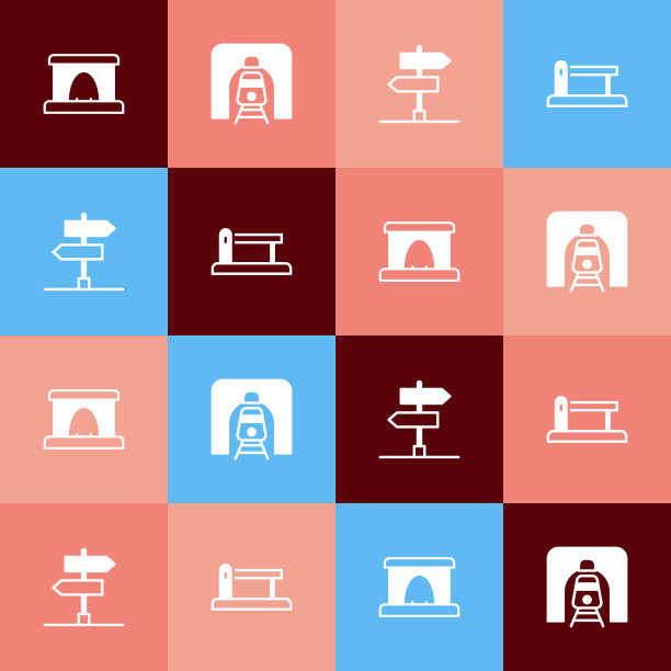 设置波普艺术铁路隧道，铁路列车，道路交通标志和障碍图标。向量图片下载