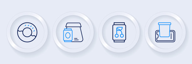 设置线食品订购的移动，汽水罐，在线食品和甜甜圈图标。向量图片下载