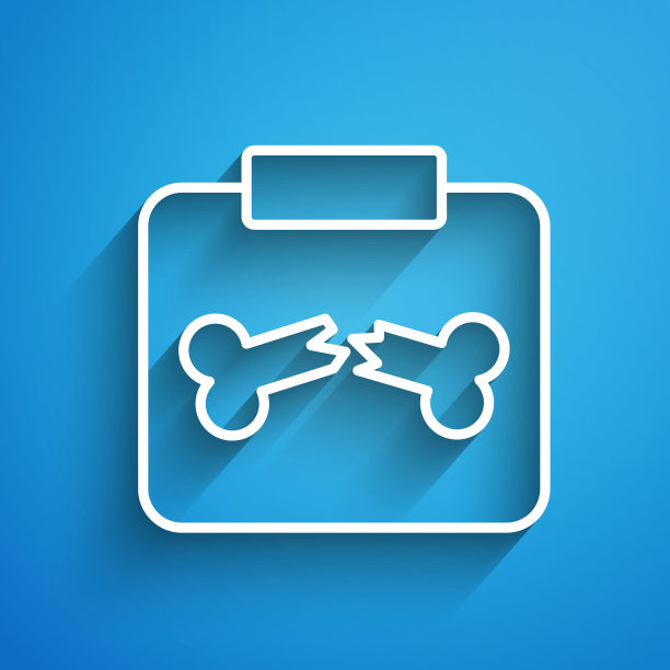 白色线x射线照片与骨折图标隔离在蓝色背景。长长的阴影。向量图片下载