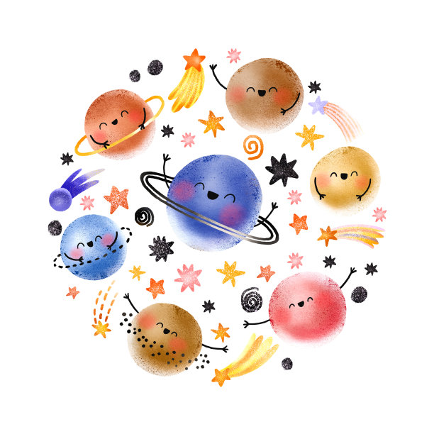 太空卡通插画。儿童房间的海报，有宇宙天体、行星和恒星。图片下载