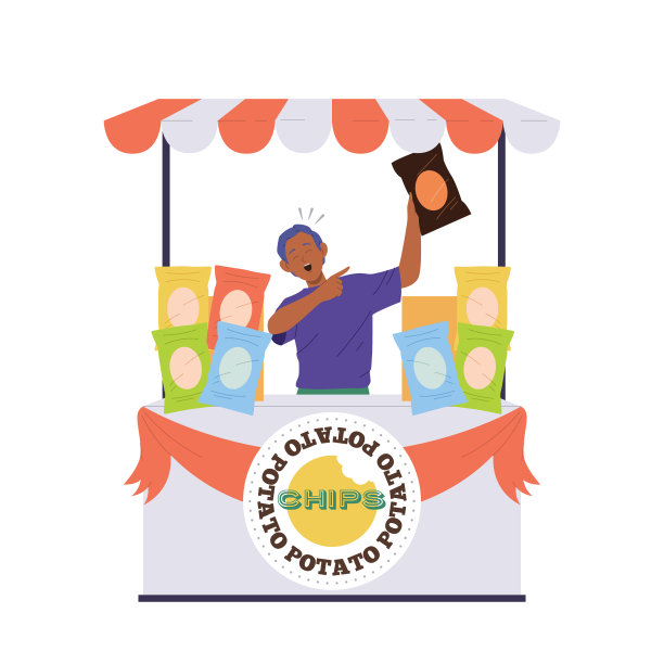 在快餐市场卖薯片的兴奋小贩被隔离在白色背景中图片下载