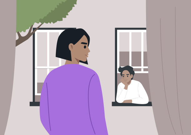 宁静的郊区相遇，一个宁静的时刻，两个邻居在沉默的交流，每个框在自己的窗户图片下载