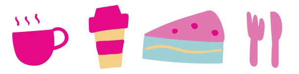 咖啡图标。杯子，马克杯，蛋糕，叉子，刀。平面设计。图片下载