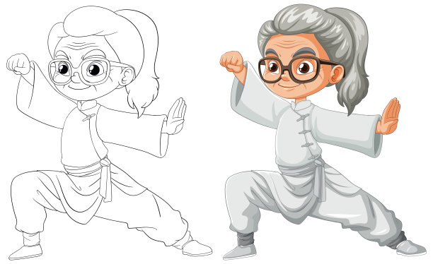 武术家的彩色和线条艺术插图图片下载