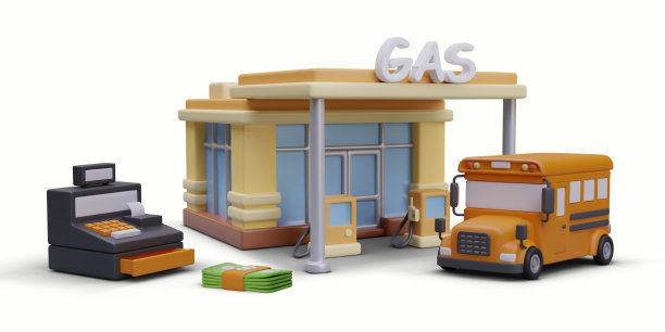 在加油站付钱的概念。三维矢量建筑，公共汽车，收银机，钱图片下载