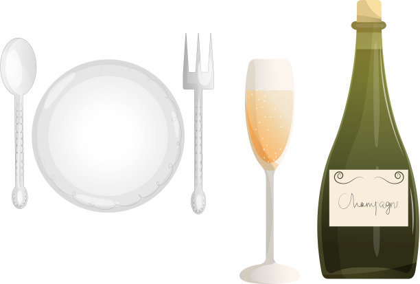 节日餐桌布置。假日聚会矢量插图。一杯酒，盘子和厨房用具。庆典概念，俯视图。图片下载