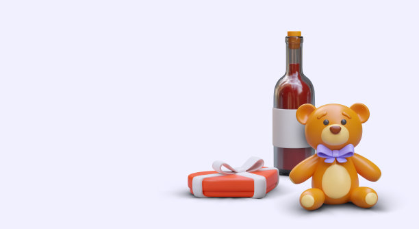 3d瓶子与葡萄酒，盒子与巧克力糖果和泰迪熊图片下载