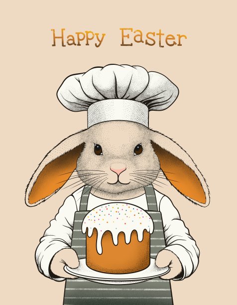 插画卡，复活节的海报。复活节兔子厨师戴着厨师帽和围裙。复活节蛋糕。图片下载