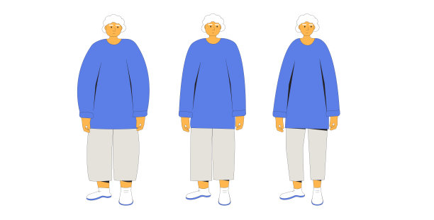 减肥的老年妇女序列。运动前后。白色背景上不同体重的高级女性人物。矢量平面插图与轮廓。图片下载