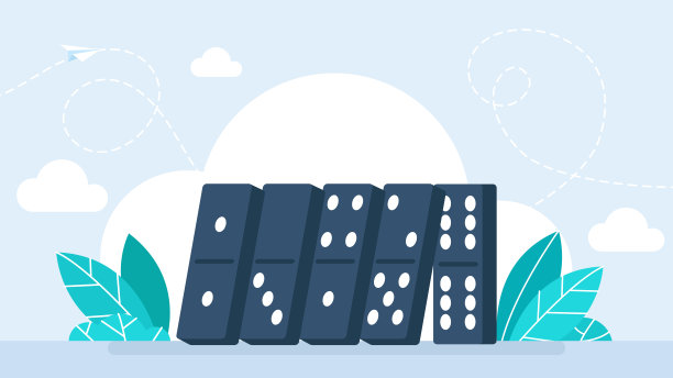 多米诺效应。掉落的多米诺骨牌瓷砖未加工。黑骨头棋盘游戏。危机，领导和激励的概念。平面设计。矢量图图片下载