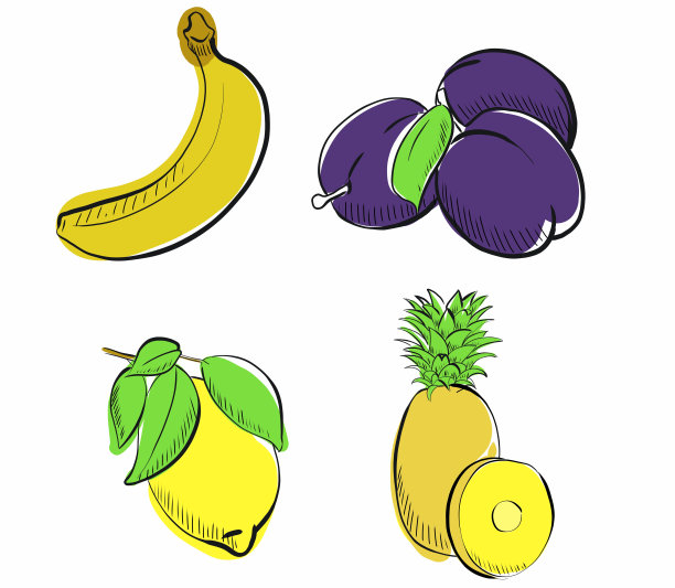 矢量图片，水果和蔬菜的轮廓图，一组4个图标图片下载